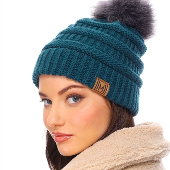 Accessories - JUST IN**Teal Pom Beanie With Faux Fur Pom